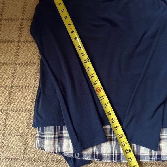 Self navy Blue long sleeved split back T-shirt with linen plaid underlay M - Picture 4 of 9